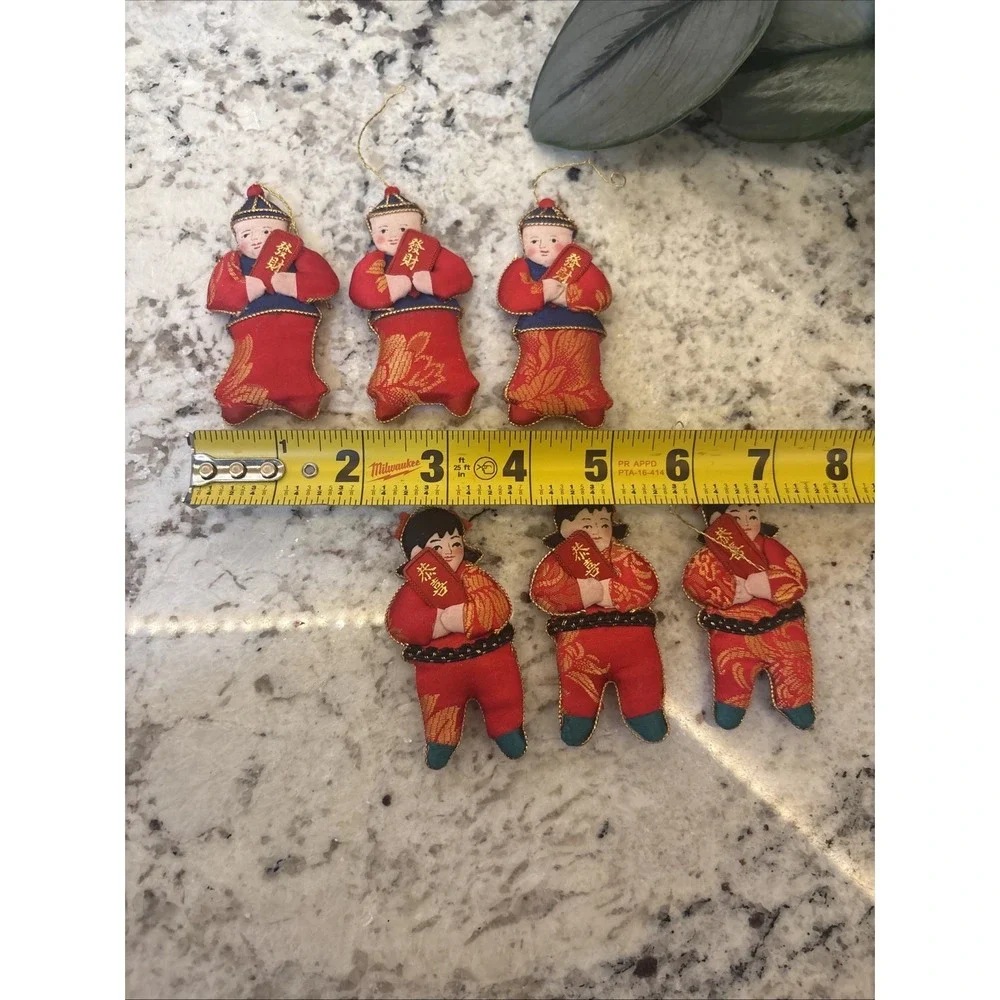 6 Silk Embellished Christmas‎ Ornaments Asian Children Chinese Lunar New Year